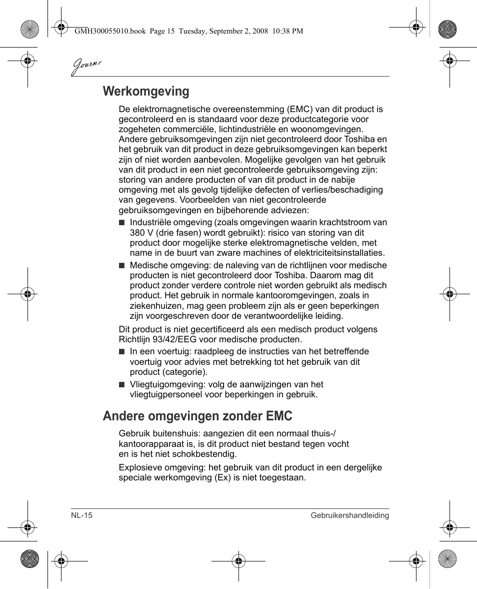 Werkomgeving, Andere omgevingen zonder emc | Toshiba JournE F800-F801 User Manual | Page 128 / 178
