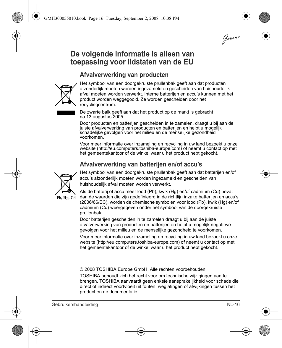 Afvalverwerking van producten, Afvalverwerking van batterijen en/of accu’s | Toshiba JournE F800-F801 User Manual | Page 129 / 178