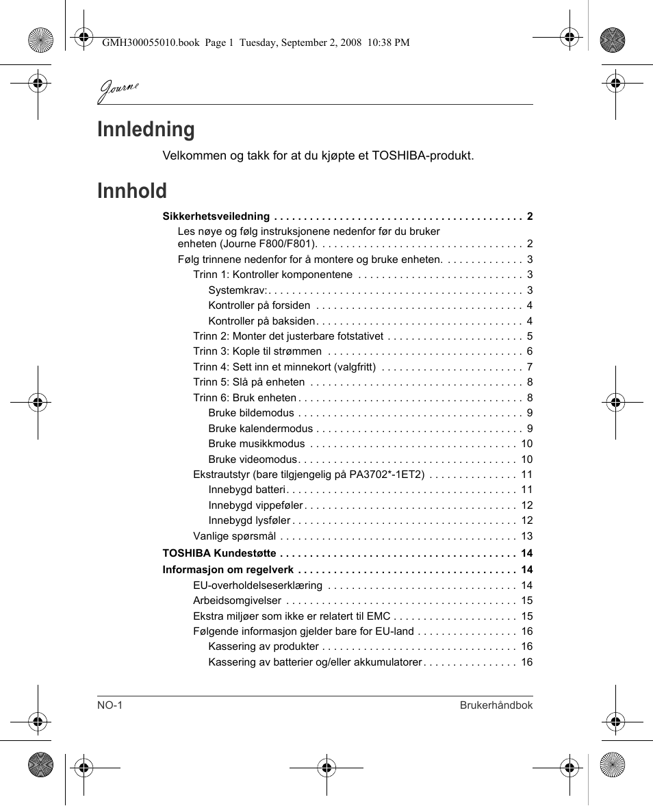 Innledning, Innhold | Toshiba JournE F800-F801 User Manual | Page 130 / 178