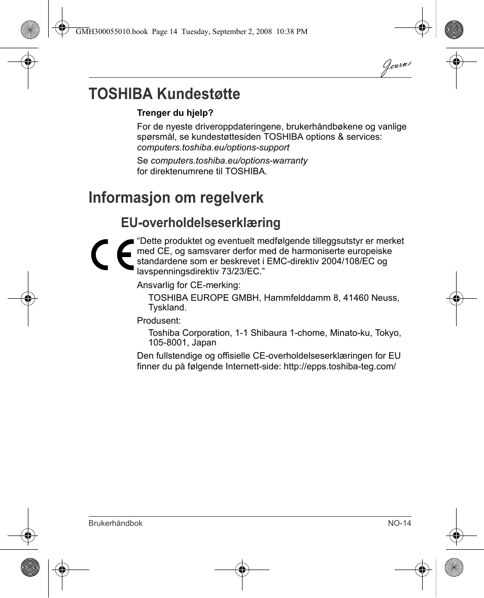 Toshiba kundestøtte, Informasjon om regelverk, Eu-overholdelseserklæring | Toshiba JournE F800-F801 User Manual | Page 143 / 178