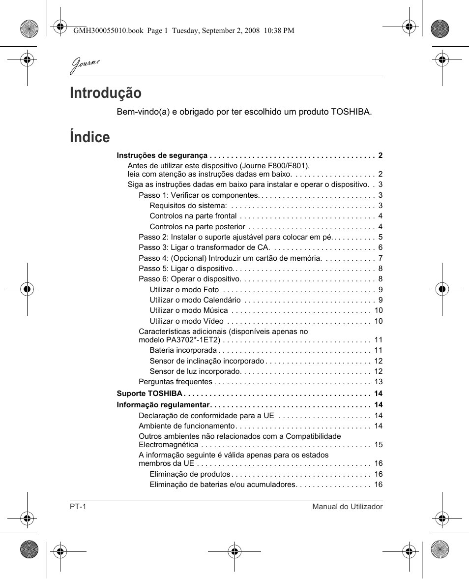 Introdução, Índice | Toshiba JournE F800-F801 User Manual | Page 146 / 178