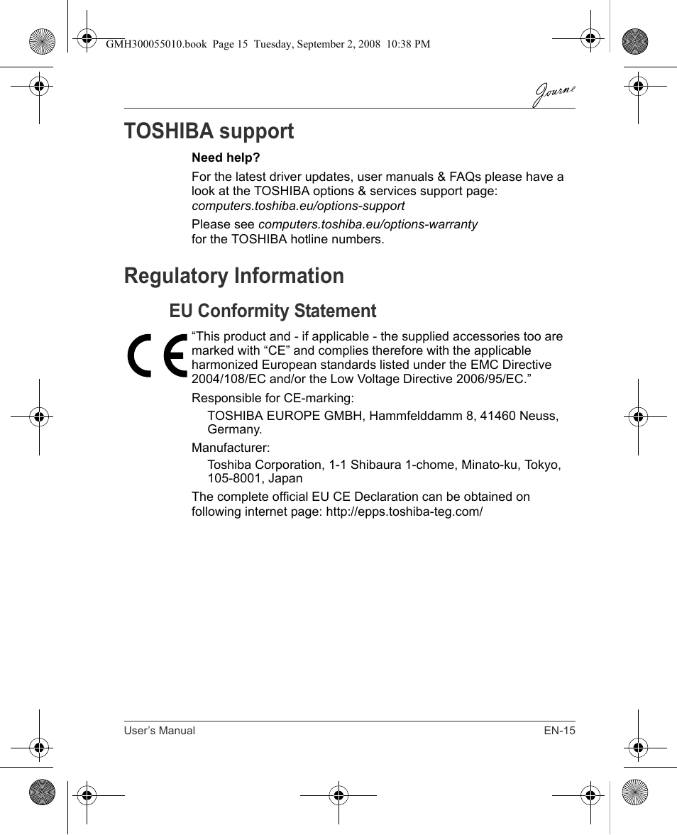 Toshiba support, Regulatory information, Eu conformity statement | Toshiba JournE F800-F801 User Manual | Page 15 / 178