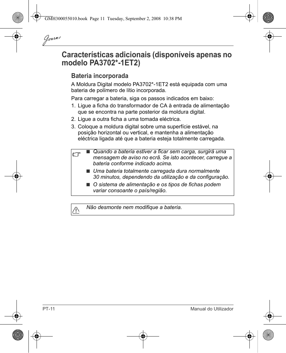 Bateria incorporada | Toshiba JournE F800-F801 User Manual | Page 156 / 178
