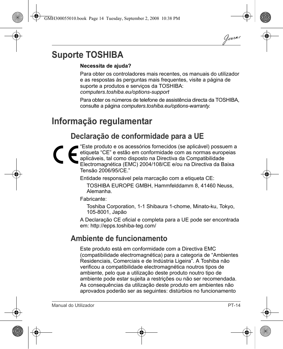 Suporte toshiba, Informação regulamentar, Declaração de conformidade para a ue | Ambiente de funcionamento | Toshiba JournE F800-F801 User Manual | Page 159 / 178