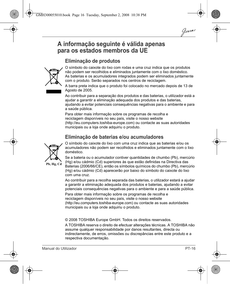 Eliminação de produtos, Eliminação de baterias e/ou acumuladores | Toshiba JournE F800-F801 User Manual | Page 161 / 178