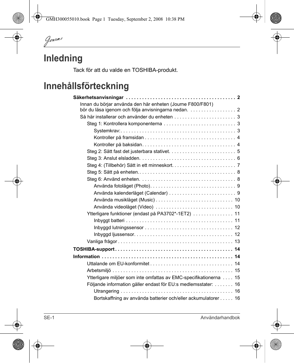 Inledning, Innehållsförteckning | Toshiba JournE F800-F801 User Manual | Page 162 / 178