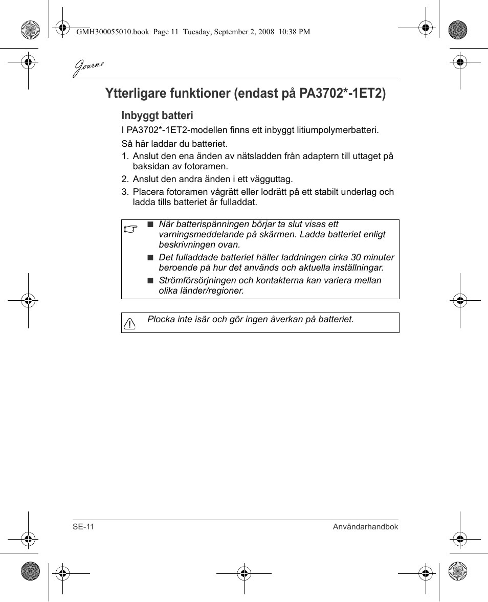 Inbyggt batteri | Toshiba JournE F800-F801 User Manual | Page 172 / 178
