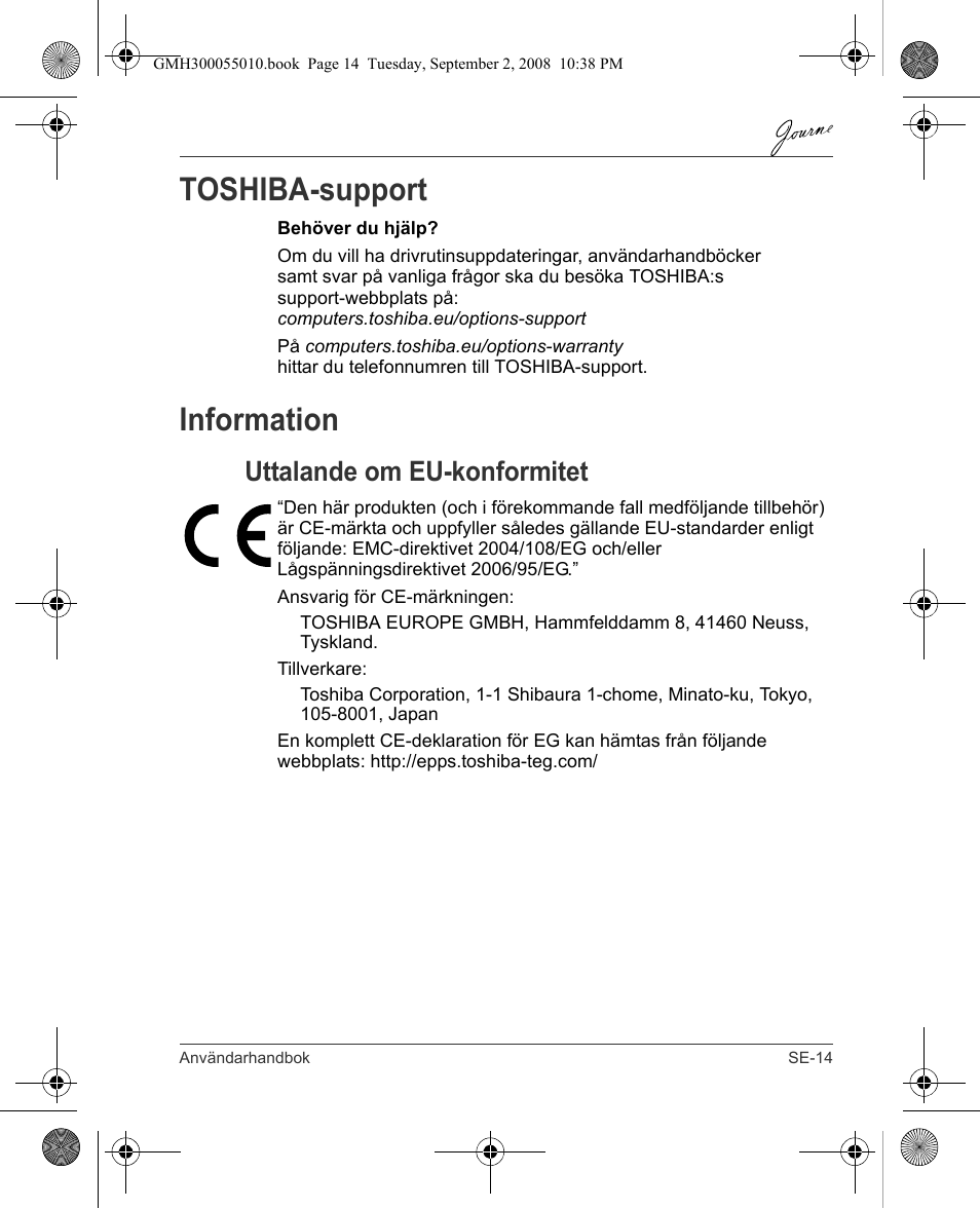 Toshiba-support, Information, Uttalande om eu-konformitet | Toshiba JournE F800-F801 User Manual | Page 175 / 178