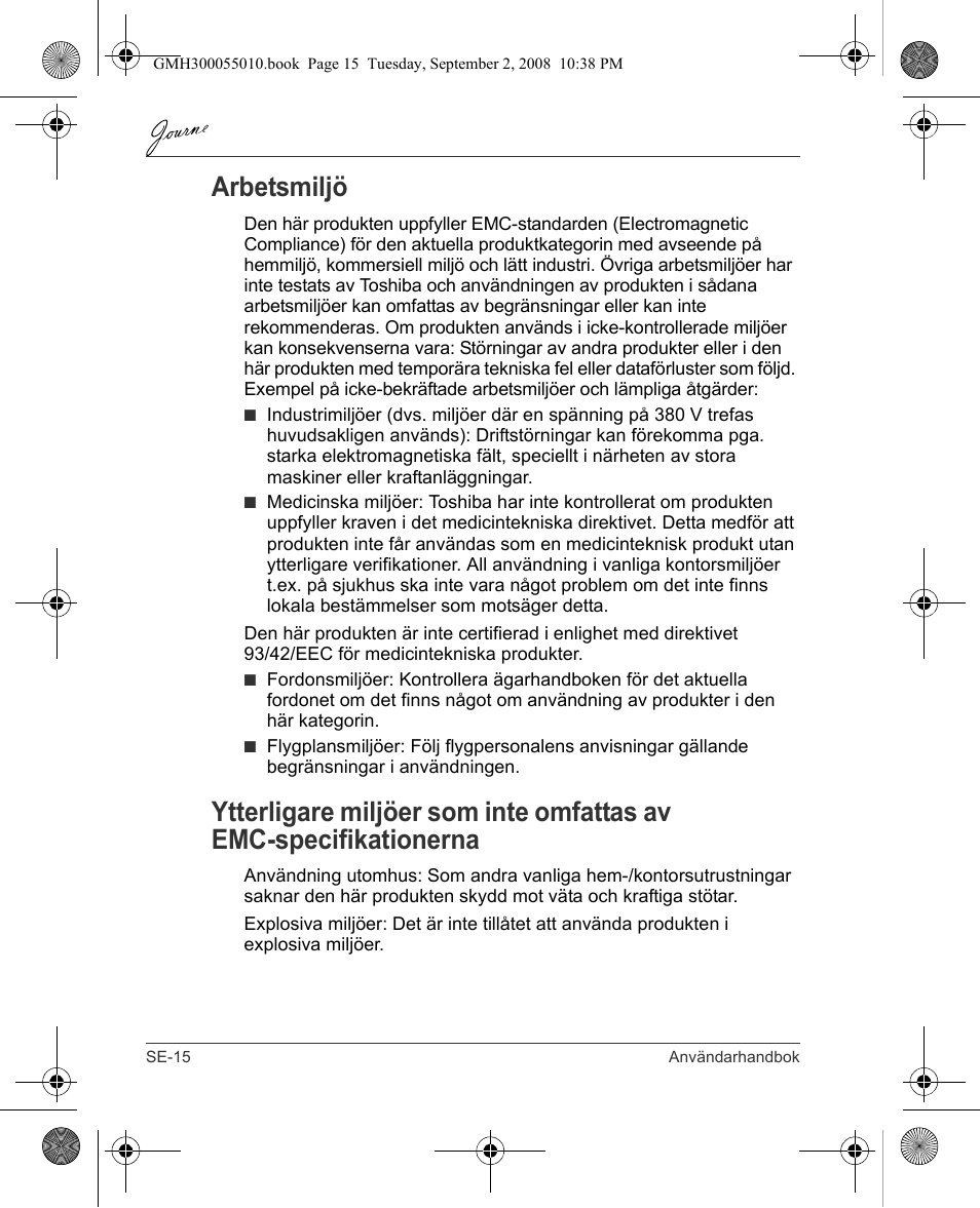 Arbetsmiljö | Toshiba JournE F800-F801 User Manual | Page 176 / 178