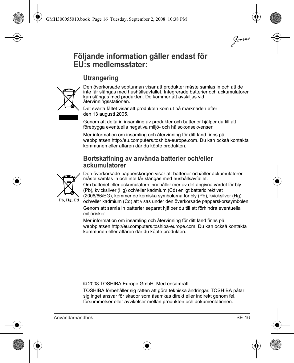 Utrangering | Toshiba JournE F800-F801 User Manual | Page 177 / 178