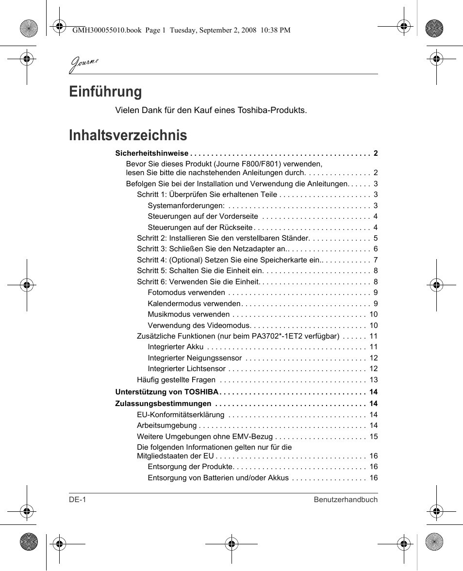 Toshiba JournE F800-F801 User Manual | Page 18 / 178