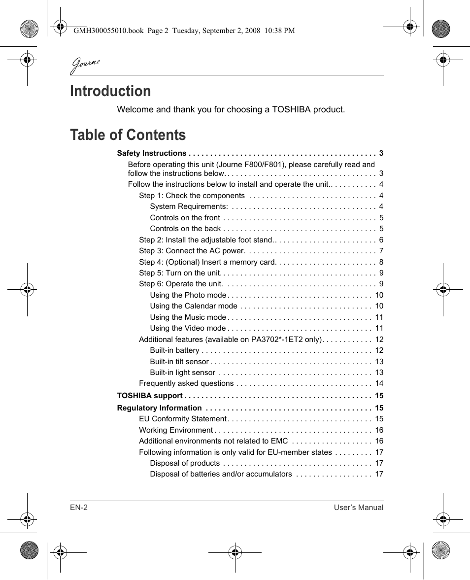 Toshiba JournE F800-F801 User Manual | Page 2 / 178