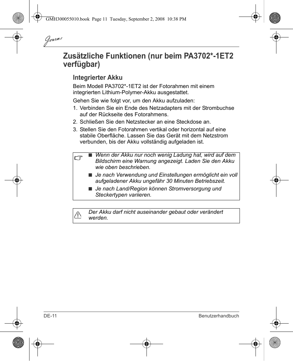 Integrierter akku | Toshiba JournE F800-F801 User Manual | Page 28 / 178