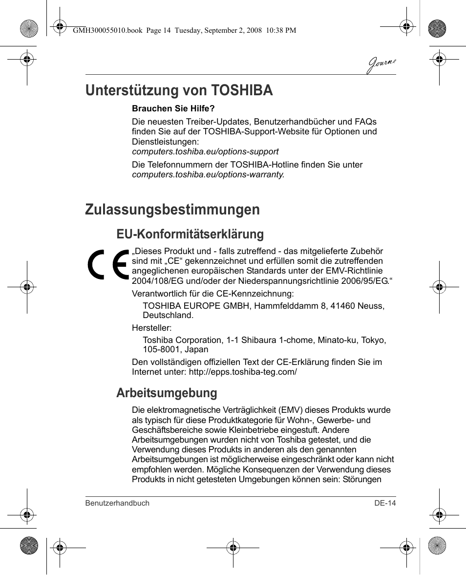 Unterstützung von toshiba, Zulassungsbestimmungen, Eu-konformitätserklärung | Arbeitsumgebung | Toshiba JournE F800-F801 User Manual | Page 31 / 178