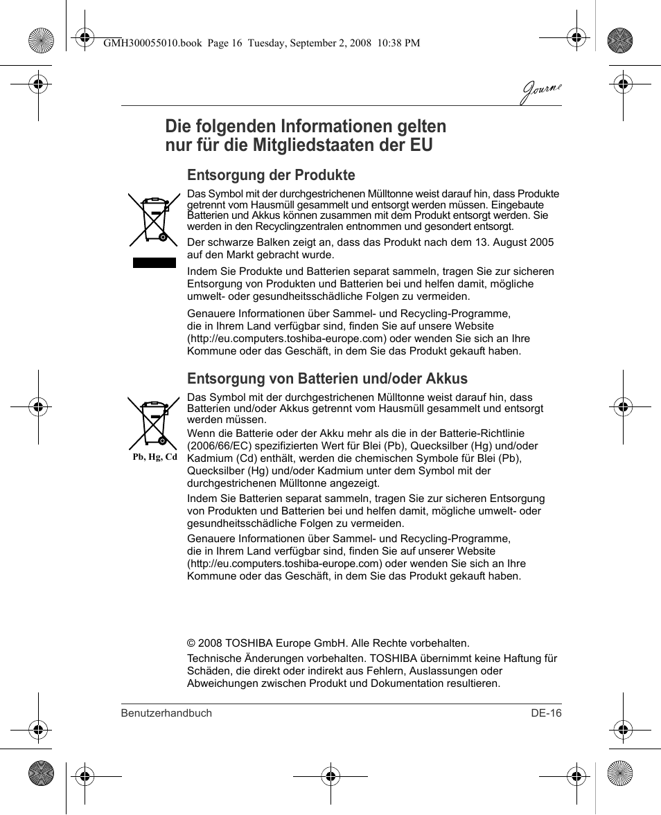 Entsorgung der produkte, Entsorgung von batterien und/oder akkus | Toshiba JournE F800-F801 User Manual | Page 33 / 178