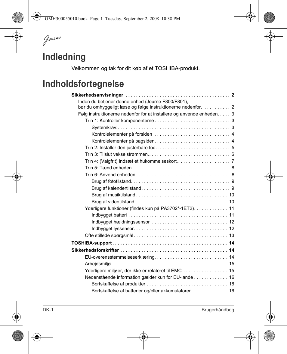 Indledning, Indholdsfortegnelse | Toshiba JournE F800-F801 User Manual | Page 34 / 178