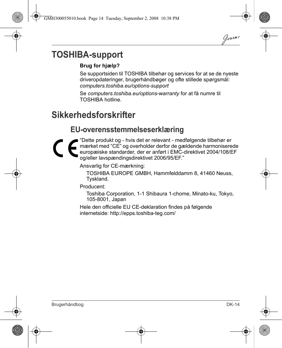 Toshiba-support, Sikkerhedsforskrifter, Eu-overensstemmelseserklæring | Toshiba JournE F800-F801 User Manual | Page 47 / 178