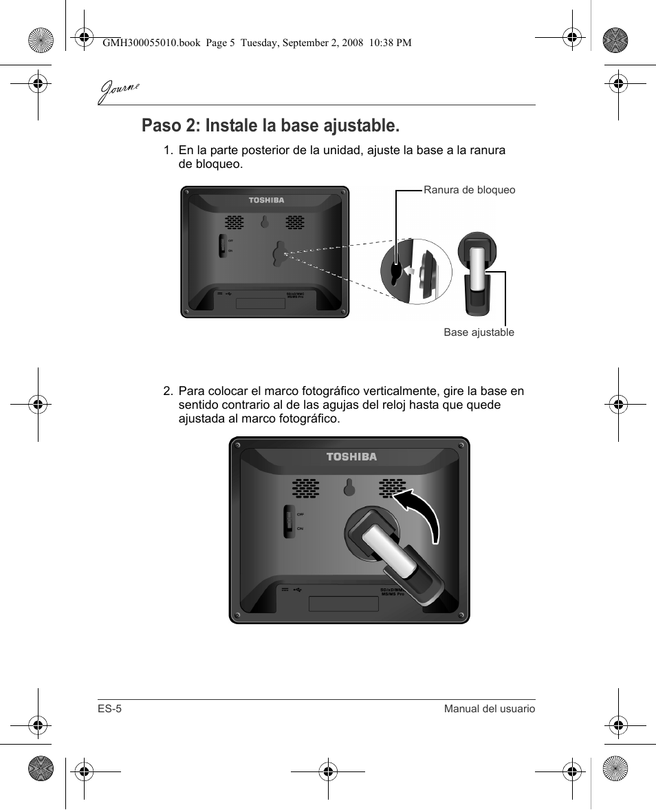 Paso 2: instale la base ajustable | Toshiba JournE F800-F801 User Manual | Page 54 / 178