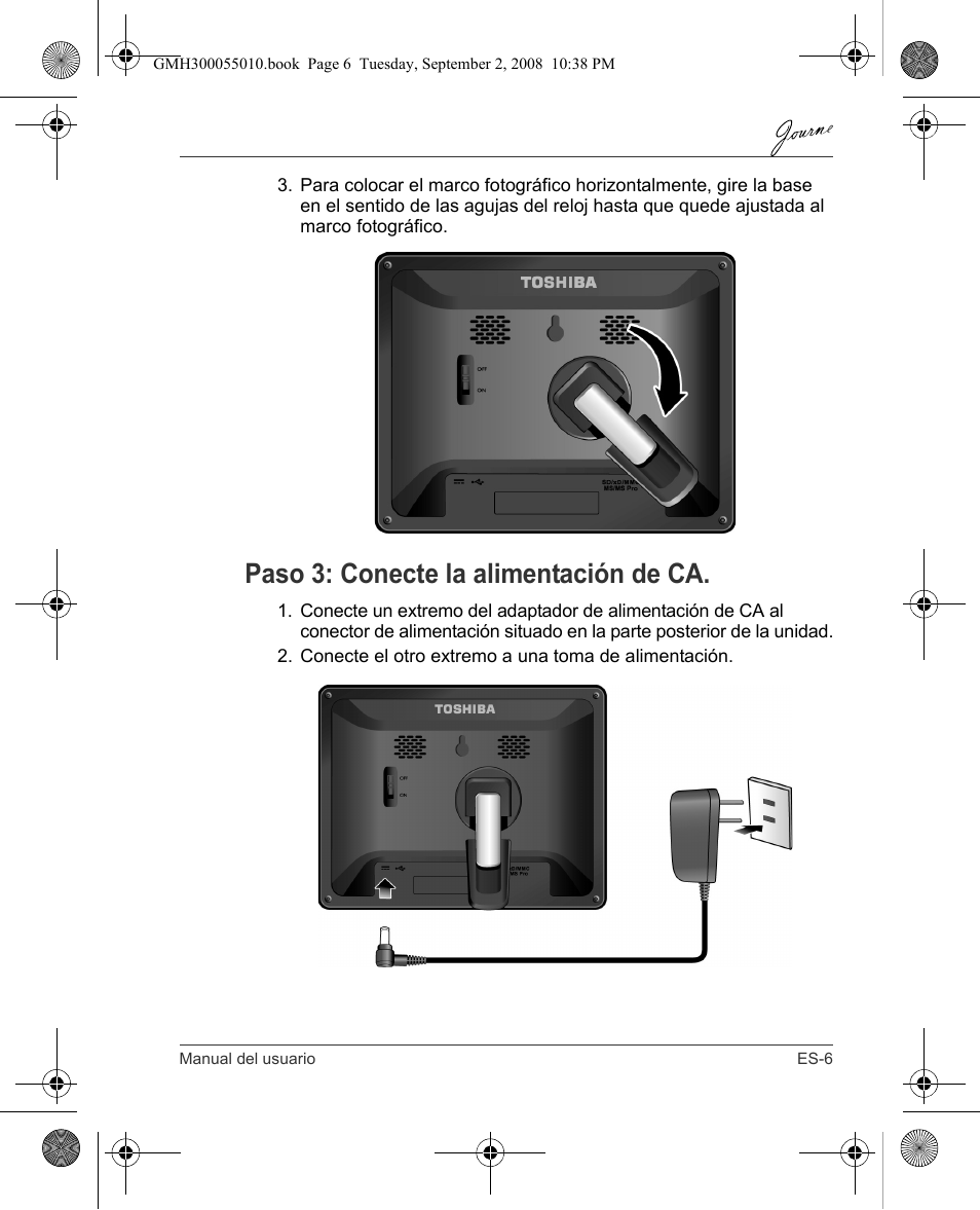 Paso 3: conecte la alimentación de ca | Toshiba JournE F800-F801 User Manual | Page 55 / 178