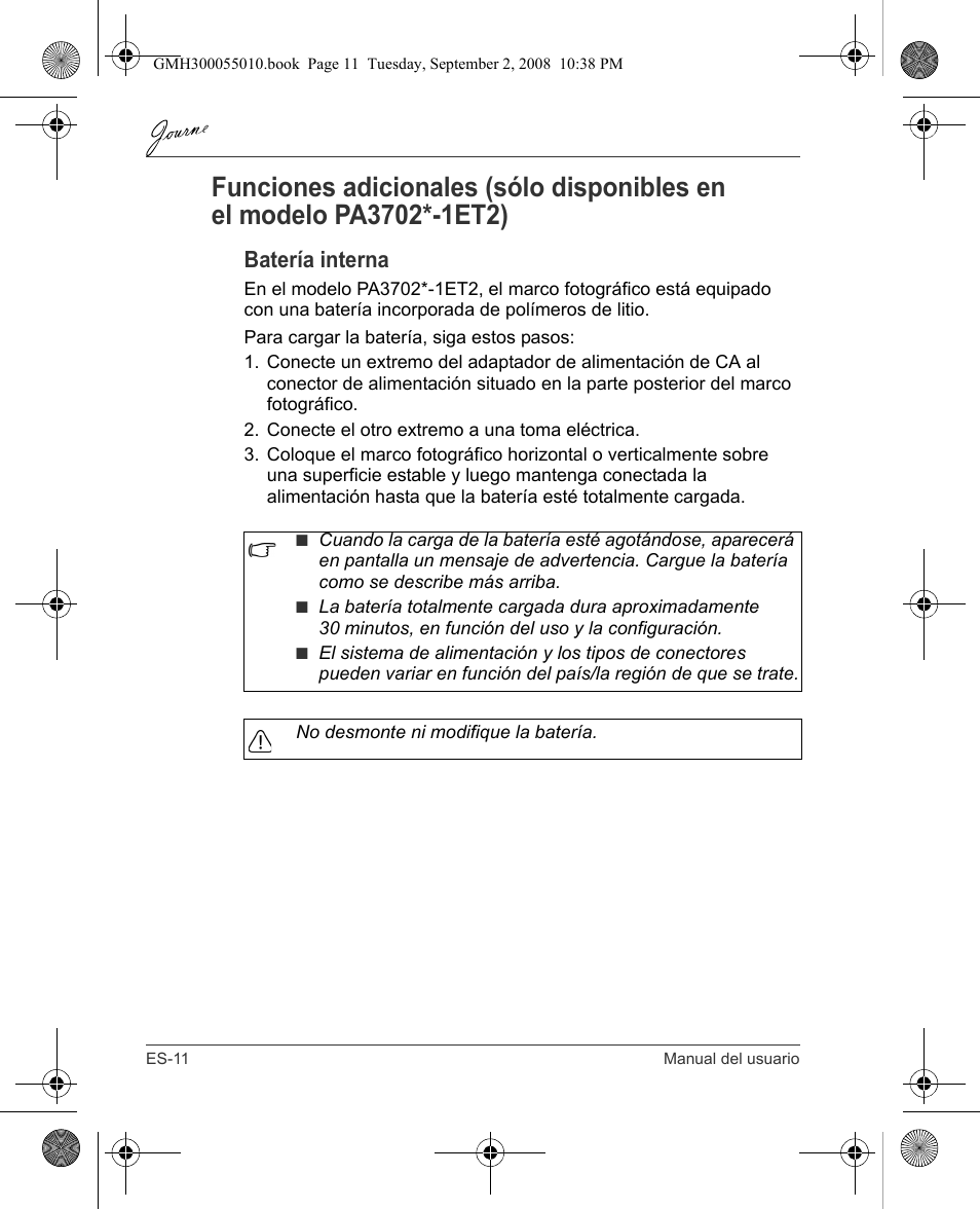 Batería interna | Toshiba JournE F800-F801 User Manual | Page 60 / 178