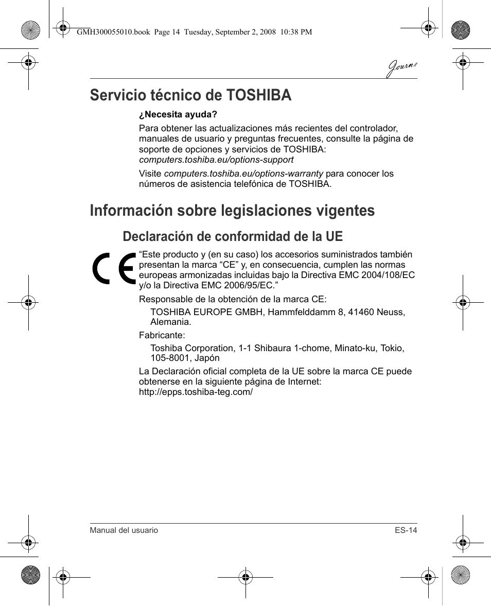 Servicio técnico de toshiba, Información sobre legislaciones vigentes, Declaración de conformidad de la ue | Toshiba JournE F800-F801 User Manual | Page 63 / 178