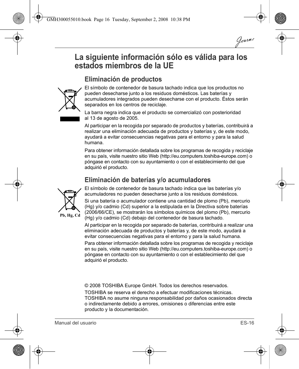 Eliminación de productos, Eliminación de baterías y/o acumuladores | Toshiba JournE F800-F801 User Manual | Page 65 / 178