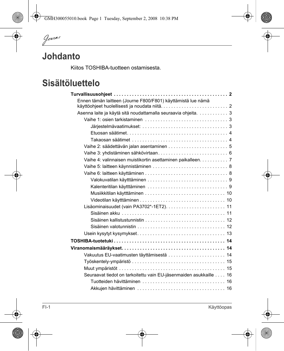 Johdanto, Sisältöluettelo | Toshiba JournE F800-F801 User Manual | Page 66 / 178