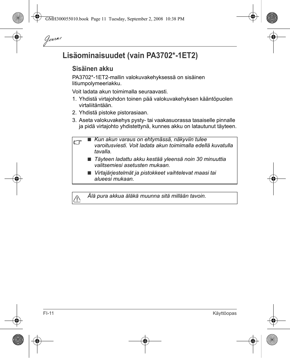 Sisäinen akku | Toshiba JournE F800-F801 User Manual | Page 76 / 178