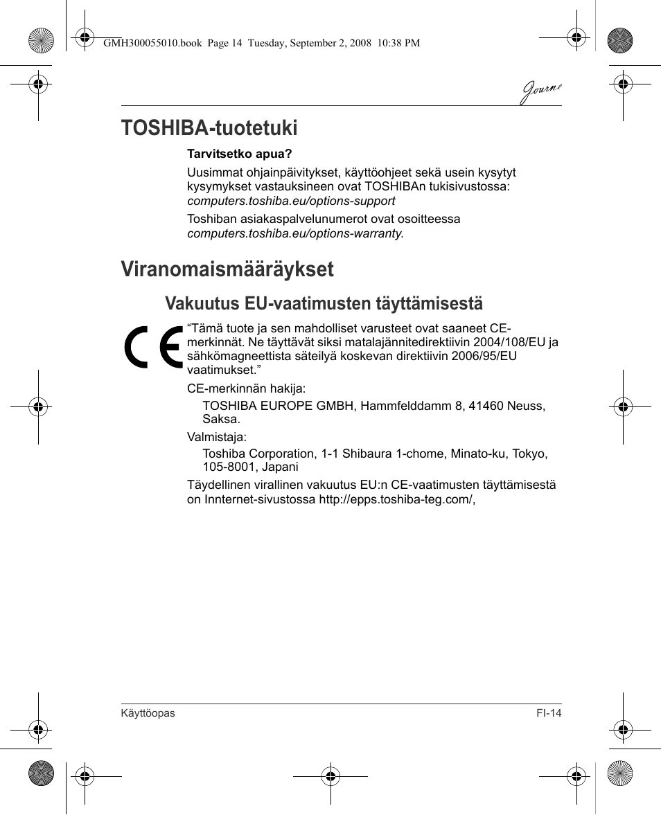 Toshiba-tuotetuki, Viranomaismääräykset, Vakuutus eu-vaatimusten täyttämisestä | Toshiba JournE F800-F801 User Manual | Page 79 / 178