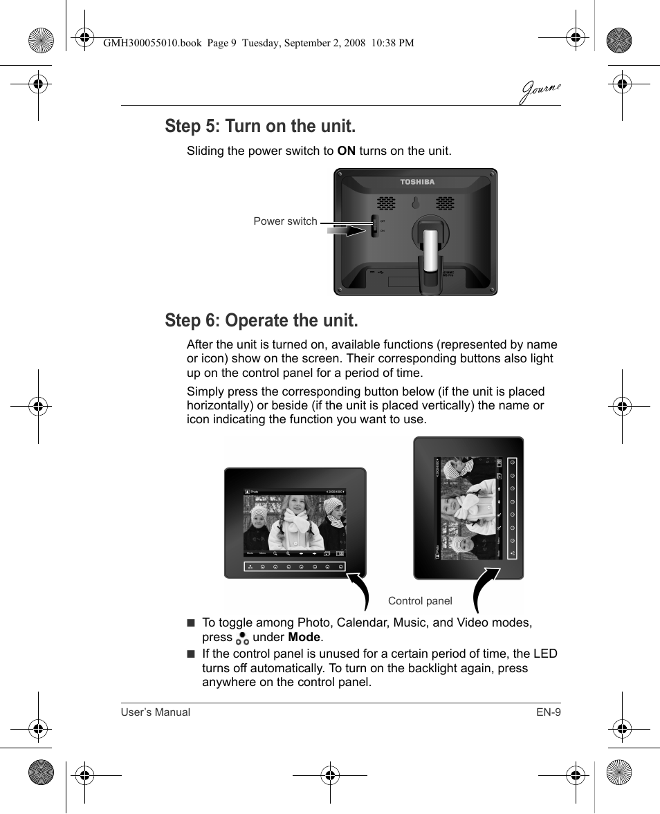 Step 5: turn on the unit, Step 6: operate the unit | Toshiba JournE F800-F801 User Manual | Page 9 / 178