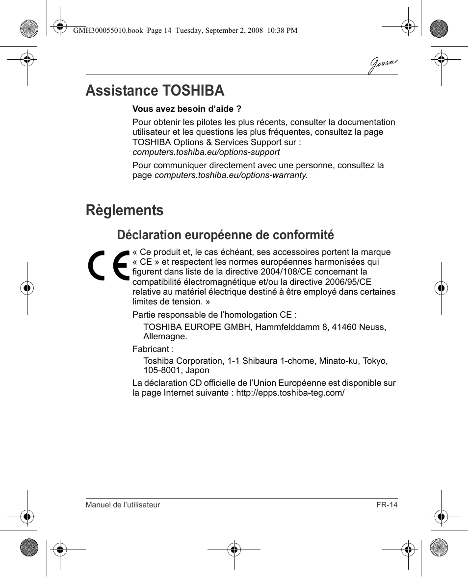 Assistance toshiba, Règlements, Déclaration européenne de conformité | Toshiba JournE F800-F801 User Manual | Page 95 / 178