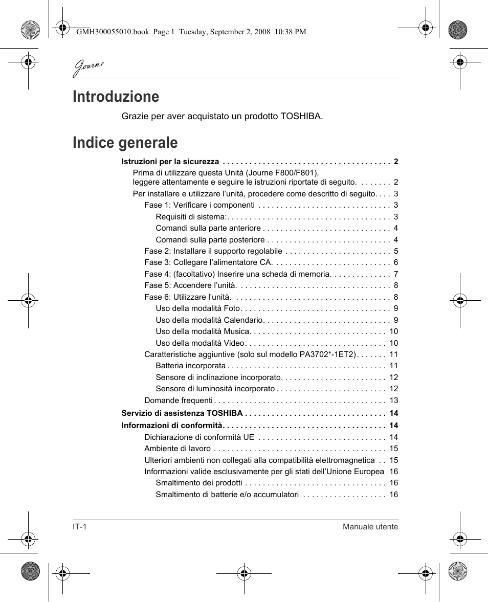 Introduzione, Indice generale | Toshiba JournE F800-F801 User Manual | Page 98 / 178