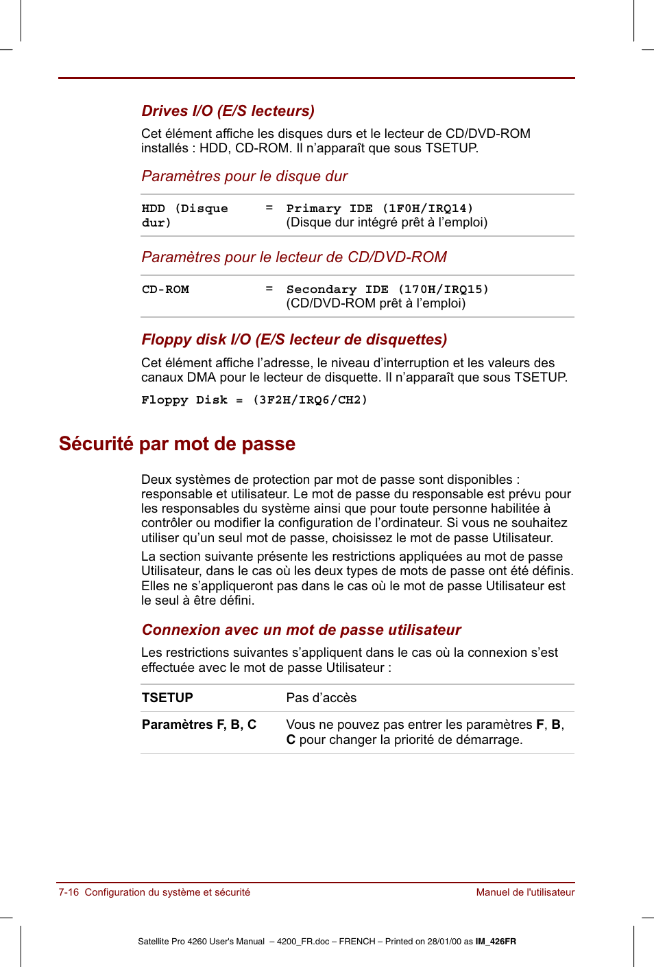 Sécurité par mot de passe | Toshiba Satellite Pro 4220 User Manual | Page 108 / 238