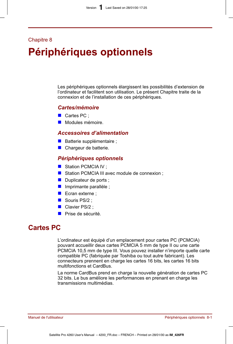 Chapitre 8, Périphériques optionnels, Cartes pc | Toshiba Satellite Pro 4220 User Manual | Page 119 / 238