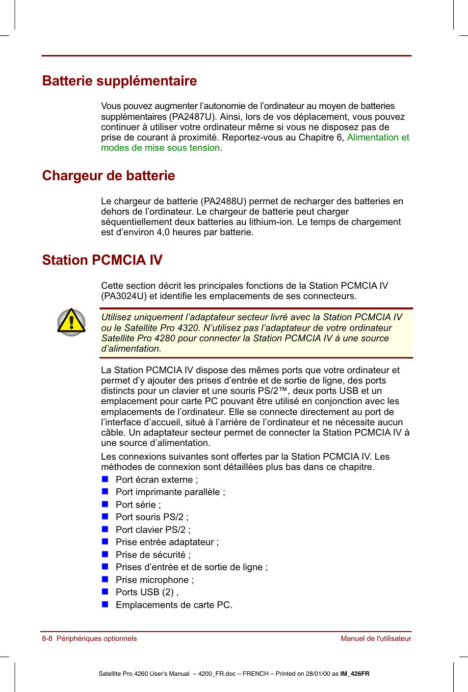 Batterie supplémentaire, Chargeur de batterie, Station pcmcia iv | Toshiba Satellite Pro 4220 User Manual | Page 126 / 238