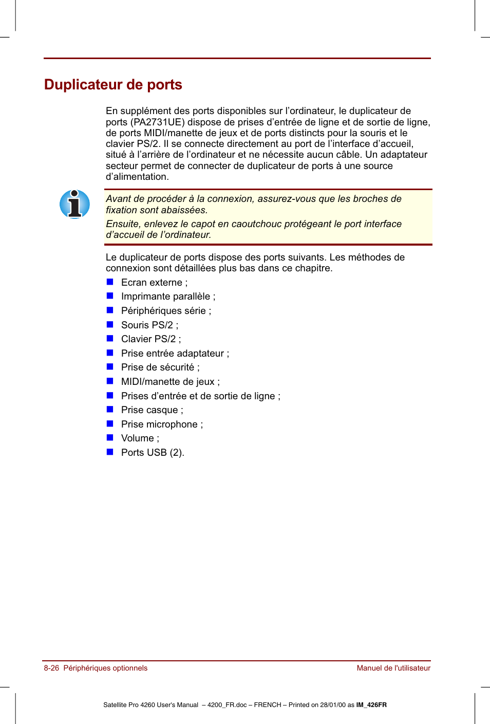 Duplicateur de ports | Toshiba Satellite Pro 4220 User Manual | Page 144 / 238