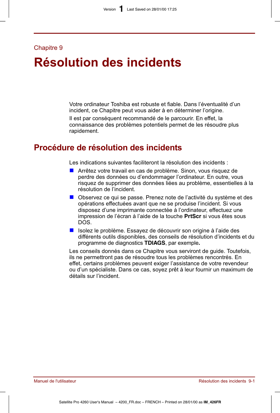 Chapitre 9, Résolution des incidents, Procédure de résolution des incidents | Toshiba Satellite Pro 4220 User Manual | Page 155 / 238