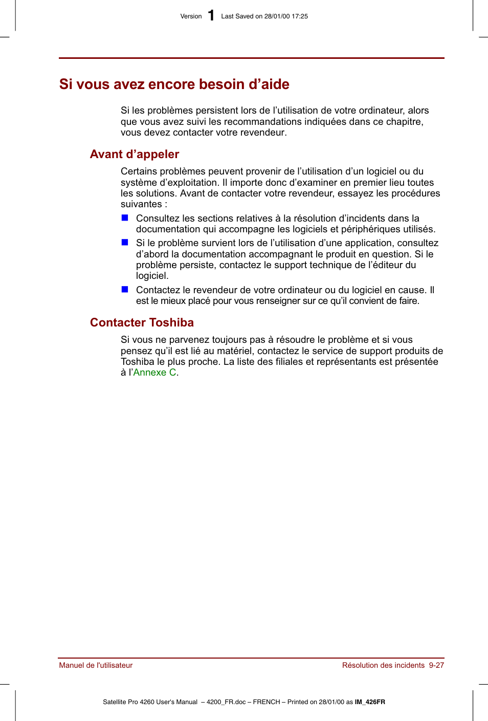 Si vous avez encore besoin d’aide | Toshiba Satellite Pro 4220 User Manual | Page 181 / 238