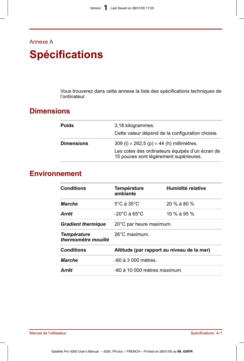 Annexe a, Spécifications, A(a | Toshiba Satellite Pro 4220 User Manual | Page 183 / 238