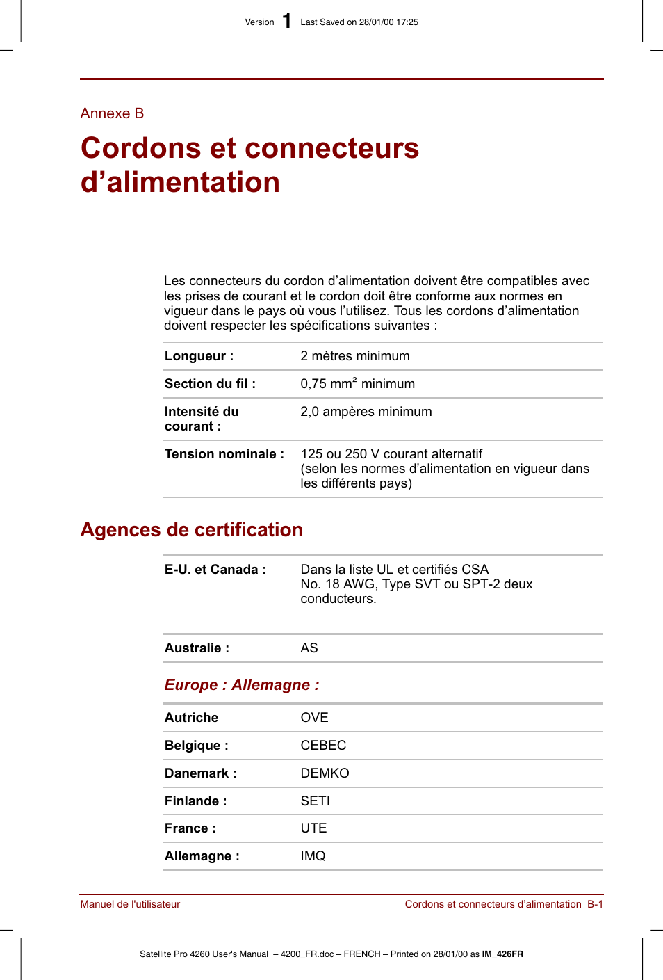 Annexe b, Cordons et connecteurs d’alimentation | Toshiba Satellite Pro 4220 User Manual | Page 191 / 238