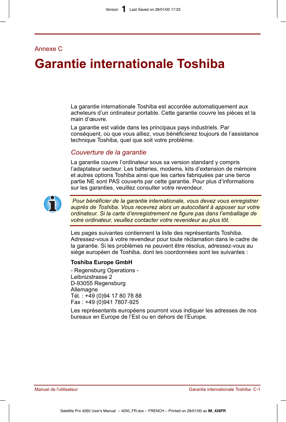 Annexe c, Garantie internationale toshiba | Toshiba Satellite Pro 4220 User Manual | Page 193 / 238