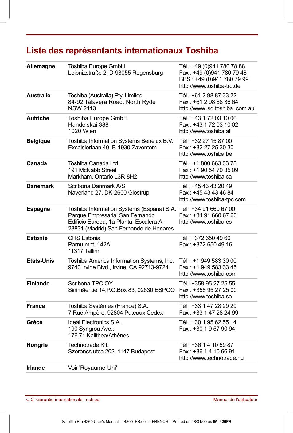 Liste des représentants internationaux toshiba | Toshiba Satellite Pro 4220 User Manual | Page 194 / 238