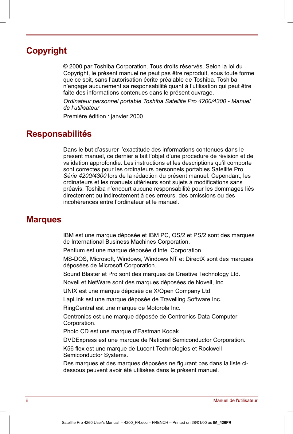 Copyright, Responsabilités, Marques | Toshiba Satellite Pro 4220 User Manual | Page 2 / 238