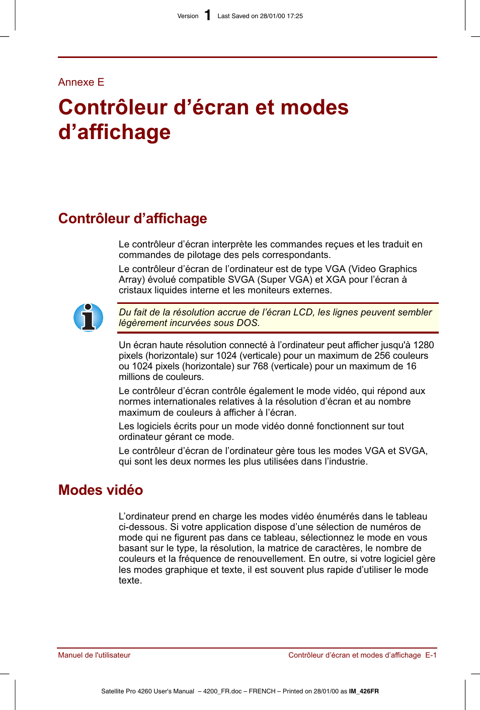 Annexe e, Contrôleur d’écran et modes d’affichage, Contrôleur d’affichage | Modes vidéo | Toshiba Satellite Pro 4220 User Manual | Page 203 / 238