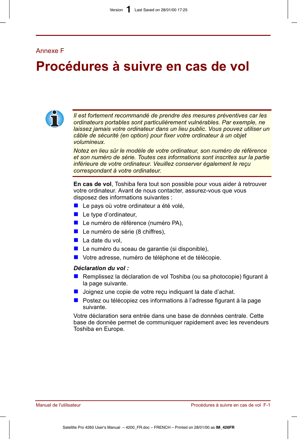 Annexe f, Procédures à suivre en cas de vol | Toshiba Satellite Pro 4220 User Manual | Page 207 / 238