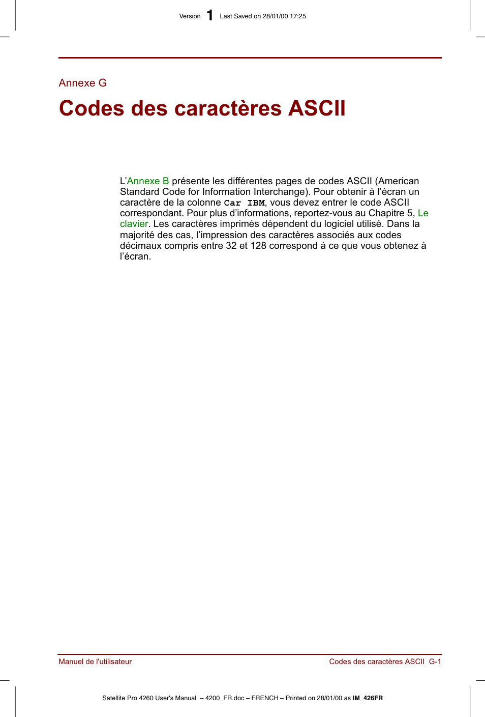 Annexe g, Codes des caractères ascii | Toshiba Satellite Pro 4220 User Manual | Page 209 / 238