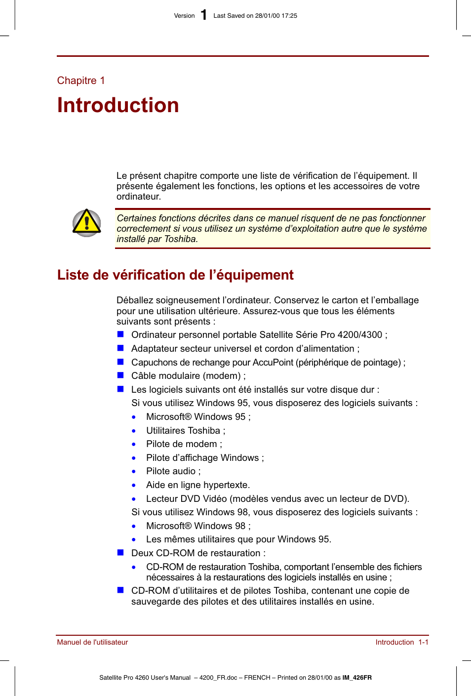 Chapitre 1, Introduction, Liste de vérification de l’équipement | Toshiba Satellite Pro 4220 User Manual | Page 21 / 238