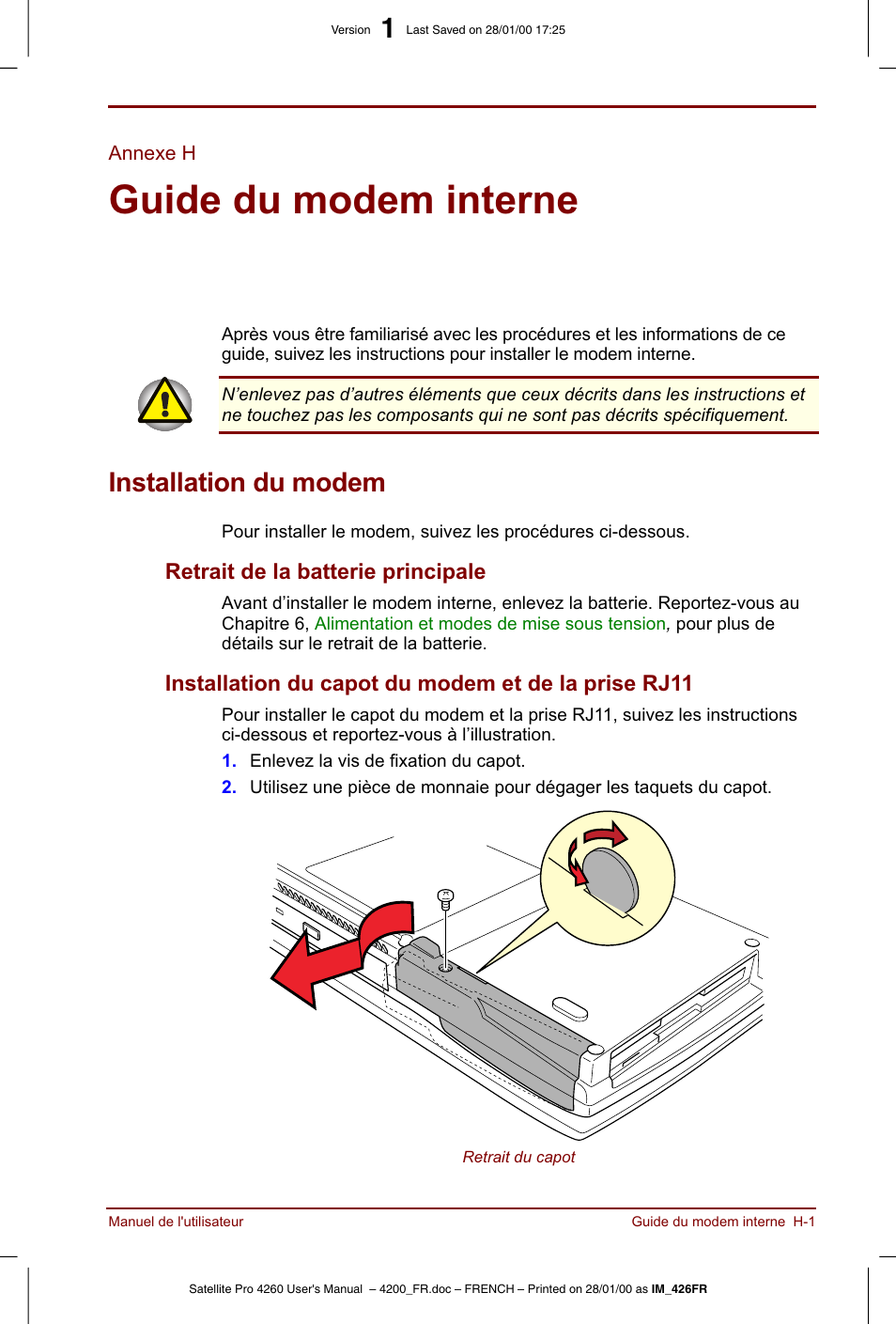 Annexe h, Guide du modem interne, Installation du modem | Toshiba Satellite Pro 4220 User Manual | Page 215 / 238