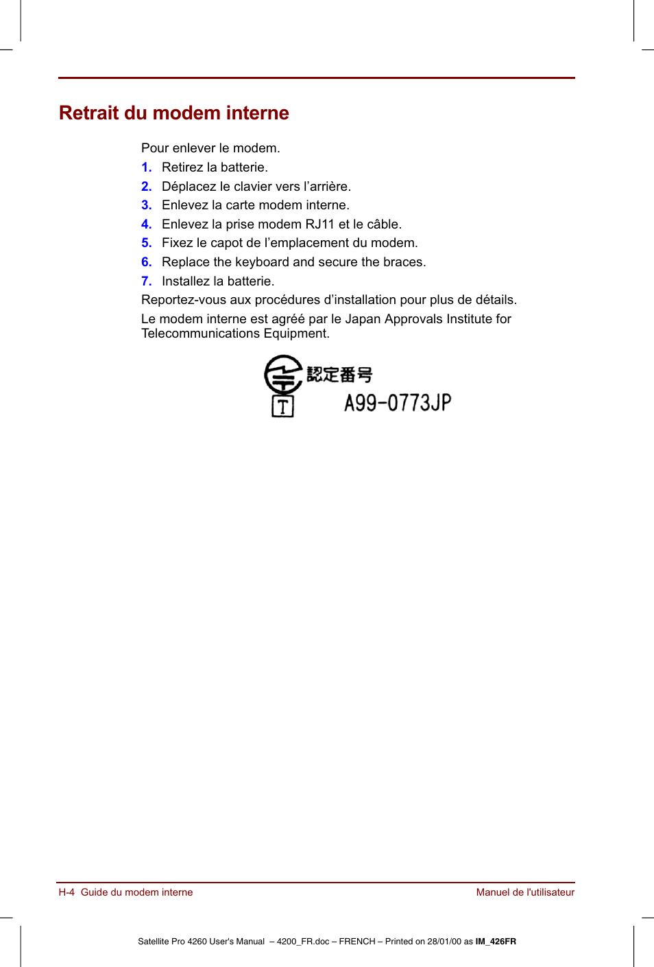 Retrait du modem interne | Toshiba Satellite Pro 4220 User Manual | Page 218 / 238