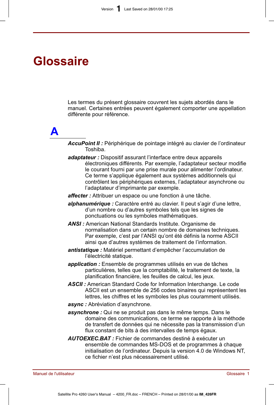 Glossaire | Toshiba Satellite Pro 4220 User Manual | Page 219 / 238